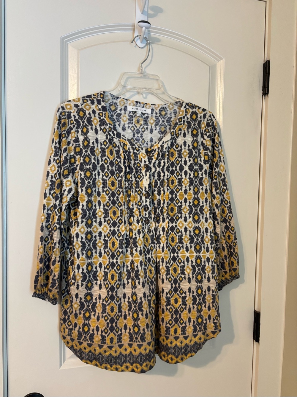 Rose & Olive Yellow, Navy and White Geometric Pintuck Tunic